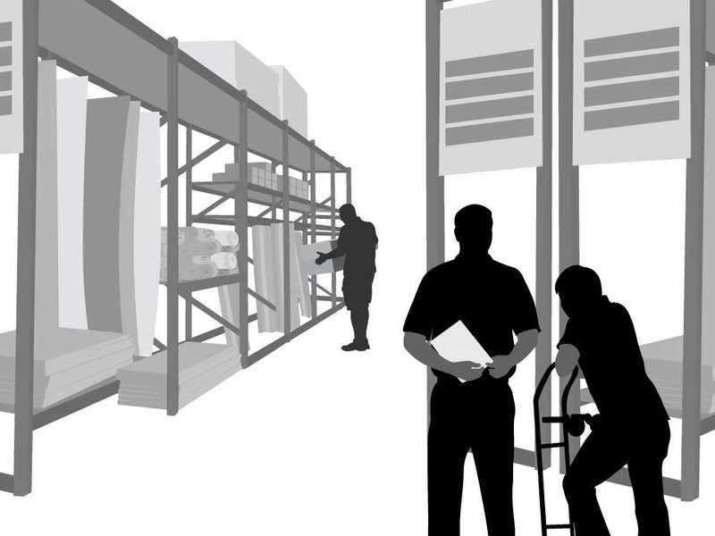 black and white graphic of workers in a warehouse from Floor Fashions of Virginia in the Charlottesville, VA area